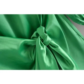 Za De Verano De La Mujer De Satén Verde Mini Vestido De Moda De La Cintura Arco Nudo De Manga Larga Vestidos De Mujer De La Vendimia Vestidos Casuales