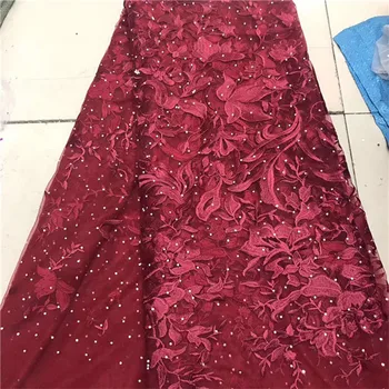 Perlas de Tela de Encaje De 2018 Alta Calidad Africano Vestido de Noche de las Telas de la Nueva Nigeria Lentejuelas Bordado de Malla, Tela de Encaje de color rosa