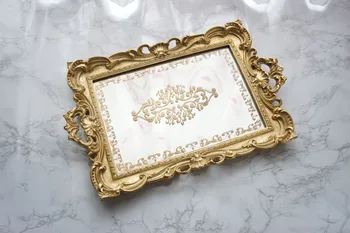 Europea de la vendimia de oro de la Corte de estilo lujo tallados, pintados a mano, espejo de la bandeja de té bandeja de la mesa de bocadillos El lugar de la boda