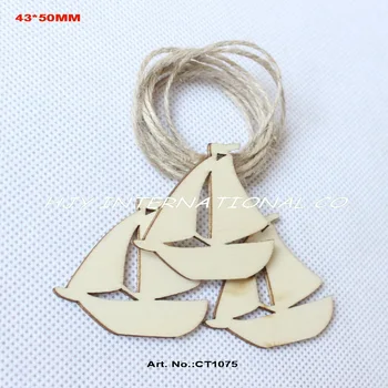(20pcs/lot) 43 mm x 50 mm blanco de corte de madera de barco de vela etiquetas rústico llanura etiquetas con cadenas colgando -CT1075