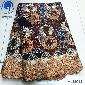 BEAUTIFICAL algodón africano de cera de la tela de nigeria tela de encaje africana de cera de la tela de encaje 6yards/pieza 2019 mejor calidad ML38C07-30