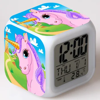 Los niños de dibujos animados Lindo Unicornio alarma del reloj de los Niños LED Reloj de dibujos animados de la noche la luz de Flash 7 que cambia de Color reloj digital electrónico de escritorio