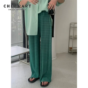 CHEERART a Cuadros Verde Plisado Ancho de la Pierna de Pantalón de Mujer Pantalones de Verano de Fondos coreano de la Moda Suelta Holgados Pantalones de Cintura Alta 2021
