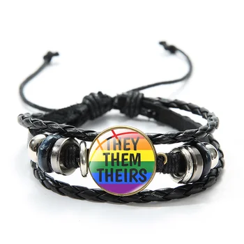 SONGDA-Lgbt Gay Orgullo las Banderas de la Pulsera de Cristal Cabochon de Cuero Trenzado brazaletes de las Pulseras de Punk Envoltura de Cuero de la Pulsera de la Joyería Regalos