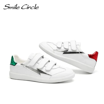 Sonrisa Círculo de Primavera Zapatillas de deporte de las Mujeres de la Plataforma Plana zapatos de Moda Lentejuelas dedo del pie Redondo Verde Rojo Casual Zapatos de Mujer Zapatillas blancas
