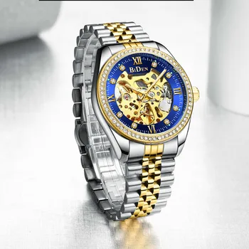 De lujo de Oro de los hombres Automáticos de los Relojes Mecánicos de los hombres de Moda de Acero Inoxidable Reloj masculino de Cristal Hueco Reloj Esqueleto Saati