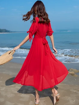 MUMUZI 2021 Verano Vestido Largo de color rojo sólido Boho Playa Vestido de Túnica Vestido Maxi de las Mujeres de la Noche Vestido de Fiesta vestido Vestidos de fest