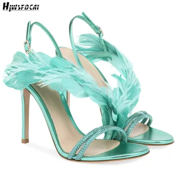 Hjwsfdcai 2021 Verano Nuevos Tacones de aguja de las Mujeres del Dedo del pie Abierto Sandles de Cuero diamante de imitación zapatos de Tacón Alto de color Azul de la Pluma de Vestido de Fiesta Zapatos de Mujer