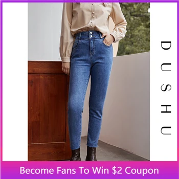 DUSHU Más el tamaño de la altura de la cintura de los pantalones vaqueros flacos de la Mujer casual de streetwear lápiz negro jeans Otoño invierno de la borla de la vendimia del dril de algodón pantalones de 2020