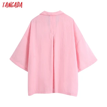 Tangada Mujeres 2021 de la Moda Rosa de gran tamaño Blusas de Manga Corta de Botón de Mujer Camisetas Chic Tops BE931