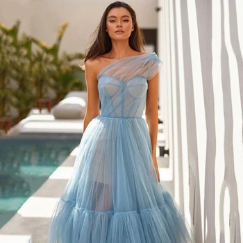 Té De Longitud Vestidos De Baile 2021 Polvo Azul De Un Hombro Plisado Plisado Elegante Una Línea De Fiesta Corto Vestido De Noche De Tul Por Encargo