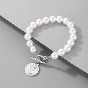 Simple Moneda Elegante pulsera de Perlas de Oro de Alternancia de Color Broches de Perlas de la Cadena Para las Mujeres, las Niñas Goth Cadena En La Mano de la Joyería de 2021 Kpop