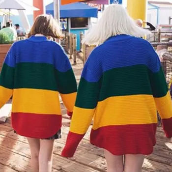Las mujeres de color del arco iris suéter de las mujeres prendas de punto Harajuku sueltas de gran tamaño de otoño e invierno suéter nuevo