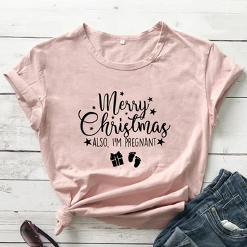 Feliz Navidad También estoy Embarazada camiseta Divertida del Embarazo Anuncio de Regalo la Camiseta de la Linda Mujer de Vacaciones Revelan Graphic Tees Tops