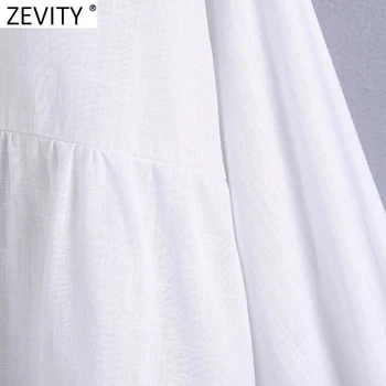Zevity 2021 Mujeres de la Vendimia Botón de Lino Blanco Delantal de la Blusa de las Señoras de la Oficina de Negocios de las Camisas de sport Chic Suelto Blusas Tops LS9476