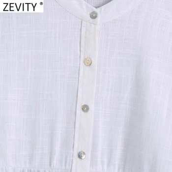 Zevity 2021 Mujeres de la Vendimia Botón de Lino Blanco Delantal de la Blusa de las Señoras de la Oficina de Negocios de las Camisas de sport Chic Suelto Blusas Tops LS9476