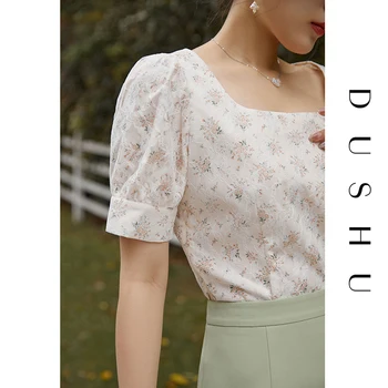 DUSHU las Mujeres de Encaje Floral con Cuello Cuadrado de Gasa de la Camisa de 2021 Verano Dulce Puff Manga de Albaricoque Retro Tops Blusas Para las Mujeres