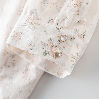 DUSHU las Mujeres de Encaje Floral con Cuello Cuadrado de Gasa de la Camisa de 2021 Verano Dulce Puff Manga de Albaricoque Retro Tops Blusas Para las Mujeres