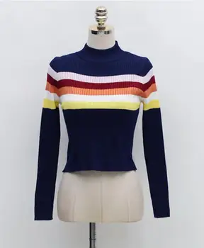 2020 Otoño Invierno Nuevo Temperamento OL Delgado arco iris rayas Suéter de Punto de Manga Larga Tramo de Jersey de Despegue Superior a las Mujeres