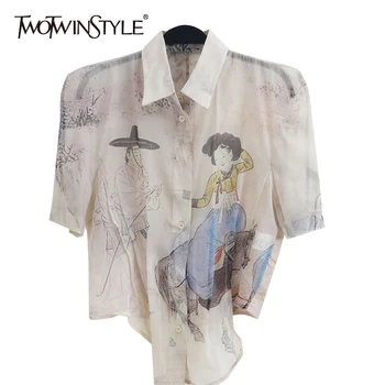 TWOTWINSTYLE Impresión de Estilo Chino de la Camisa Para las Mujeres de Solapa de Manga Corta Irregular Dobladillo Golpear el Color de la Blusa Femenina de la Moda de Ropa Nueva