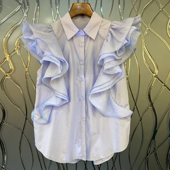 TWOTWINSTYLE Patchwork Volante Sólido Blusa Femenina de la Solapa de Manga Corta Casual Camisa Elegante Para las Mujeres de la Moda de Ropa Nueva de Verano