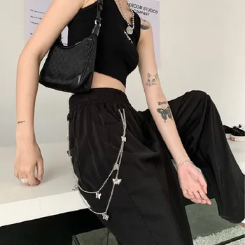 HOUZHOU Harajuku Punk Púrpura Ancho de la Pierna de los Pantalones de las Mujeres Gótico de la Cadena de Negro Oversize, Pantalones de Mujer Holgados 2021 Verano Cintura Alta