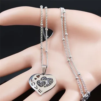El amor del Corazón de Acero Inoxidable Cristal Collar de Mujer de Plata de Color de la Cadena de Collares Par de Regalo Jewery collier coeur NXS01