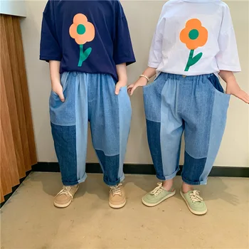 Los niños y las niñas al estilo coreano flojo de retazos de jeans 2021 niños en verano casual Delgado pantalones de mezclilla Hermano y hermana ropa