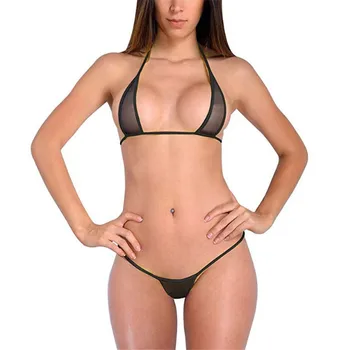 Micro bikini más el tamaño de trajes de baño traje de baño de las mujeres biquini bikinis conjunto Sólido de color Neto hilo Transparente Halter de Encaje ajustable Thong