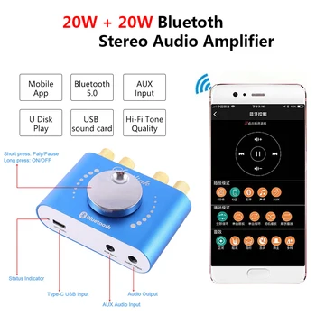 Bluetooth 5.0 20W*2 Digital Amplificador de Potencia de 2 Canales Clase D de Audio Estéreo Ecualizador Amplificador AMP AUX USB de la APLICACIÓN de Control de