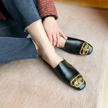 QZYERAI Nueva Marca para el Verano 2021 Mujeres Zapatillas de Cuero Genuino de la Moda al aire libre de Interior de la Parte de los Zapatos Cuero Zapatillas