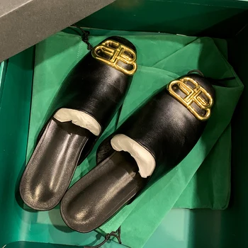 QZYERAI Nueva Marca para el Verano 2021 Mujeres Zapatillas de Cuero Genuino de la Moda al aire libre de Interior de la Parte de los Zapatos Cuero Zapatillas