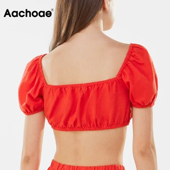 Aachoae Mujeres Sexy Rojo Recortada Blusas 2021 De La Moda De La Corbata De Lazo Elegante Blusa De Camisetas De Verano Puff Manga Corta De Las Señoras Tops Chic