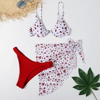 3pcs Push Up Bikini para las Mujeres Con Traje de baño Impreso Brasileño Biquinis de la Correa de Playa de encubrimiento Vestido de Traje de baño trajes de baño