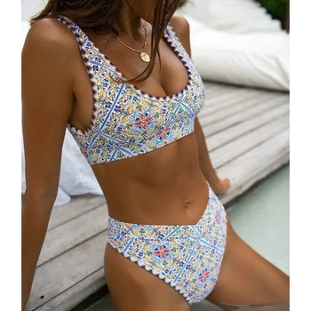 Peachtan Bandeau bikini 2021 Imprimir traje de baño de las mujeres de la Vendimia de trajes de baño de mujer de los Deportes traje de baño Elegante traje de baño ropa de playa