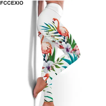 FCCEXIO Cintura Alta Fitness Elastic Polainas Tropical Flamencos Impresión 3D Sexy Plus Tamaño Leggins Casual de Entrenamiento de Deporte, Pantalones Blancos