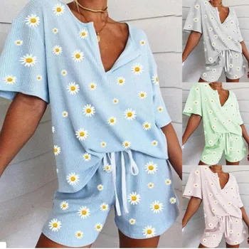 Las mujeres de la Margarita del estampado Floral Conjunto de Short de Pijama Para Mujer Conjunto de Pijama Dulce de Manga Corta Camisetas y Shorts de Verano ropa de dormir Pijama