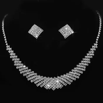 GU191 de Lujo brillante de cristal de la clavícula plateado collar del pendiente del conjunto de la boda de novia accesorios de moda