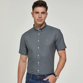 Los hombres de Verano de Manga Corta de Oxford Camisa Tejida Pocketless Diseño Algodón Casual Estándar de ajuste con botones en el Bordado de Camisetas