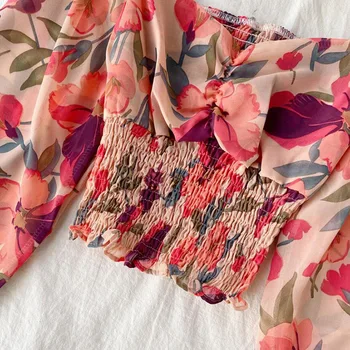 Floral de la Gasa de la Blusa de las Mujeres Camisa Elegante Plaza collar de Vacaciones en una Playa Pliegues, Volantes Blusas de Manga Larga Delgada de la Moda de Corta Tops