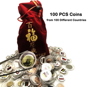100 PCS Monedas de 100 Países Diferentes Pack En Bolsa Roja Para el Regalo de la Colección Original Mundo de la Moneda Con Bandera de Recuerdos