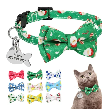Personalizado Gato Collar Corbata de lazo Lindo Mascota de Navidad Collar de Liberación Rápida Gatos de Seguridad Collares Con Campana de IDENTIFICACIÓN de Peces de la Etiqueta de Santa Impresión