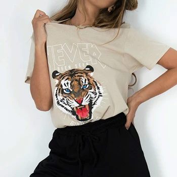 Algodón Vintage Tigre Cabeza Graphic Tees Suelto Mujer Camisetas De Manga Corta Casual Camiseta De Gran Tamaño 2021 Moda De Verano Tops