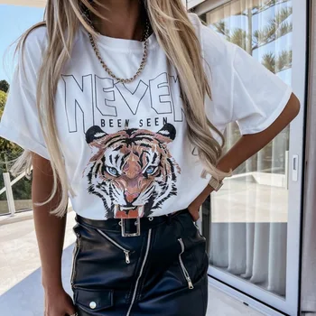 Algodón Vintage Tigre Cabeza Graphic Tees Suelto Mujer Camisetas De Manga Corta Casual Camiseta De Gran Tamaño 2021 Moda De Verano Tops