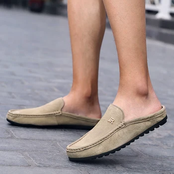 La mitad de Zapatos para Hombres Mocasines Zapatos de Verano de la Marca de Moda hechas a Mano Slipon Macho Conducción Zapatos de Gamuza Zapatillas de Cuero Mocasines para Hombre