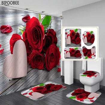 El amor de Rose Impreso Inodoro Cubierta antideslizante Alfombra 3D Cortina de la Ducha el Día de san Valentín Flor de Tela cuarto de Baño Cortinas de Baño Mat Alfombra
