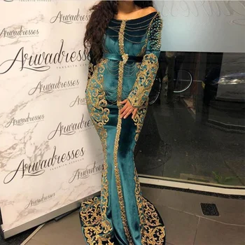 Personalizado De Terciopelo Islámica De Arabia Saudita Sirena Vestidos De Noche Con Mangas Largas De Las Mujeres Más El Tamaño De Marruecos Kaftan Bordado Vestidos De Fiesta