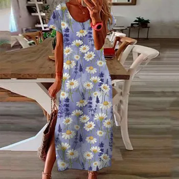 Daisy Impresión Bohemio Vestido de Verano De las Mujeres del O-cuello de Manga Corta de la Vendimia de Bohemia Maxi Vestidos Sueltos de la Playa Vestido Vestido de Vestidos