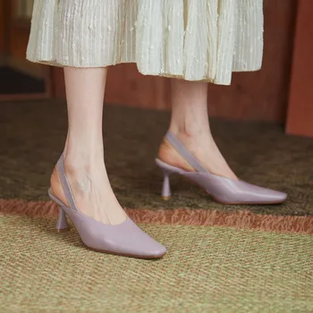 MEMUNIA 2021 de Calidad Superior de Cuero Genuino y Único de los Zapatos de las Mujeres de las Bombas de Colores Sólidos del Dedo del pie Cuadrado Slingback Parte de la Boda Zapatos de Señora