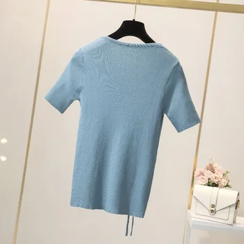 Nueva 2021 Verano de las Señoras Más el Tamaño de punto Tops Para las Mujeres Grandes Blusa de Manga Corta Slim Botón Azul Elástico Camisa 3XL 4XL 5XL 6XL